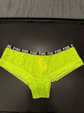 PINK Victoria's Secret Neon Green Lace Boyshort Panty with Black Logo Waistband